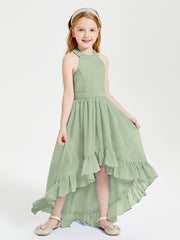 Boho Junior Bridesmaid Dresses Asymmetrical Cascading Skirt Dusty Sage