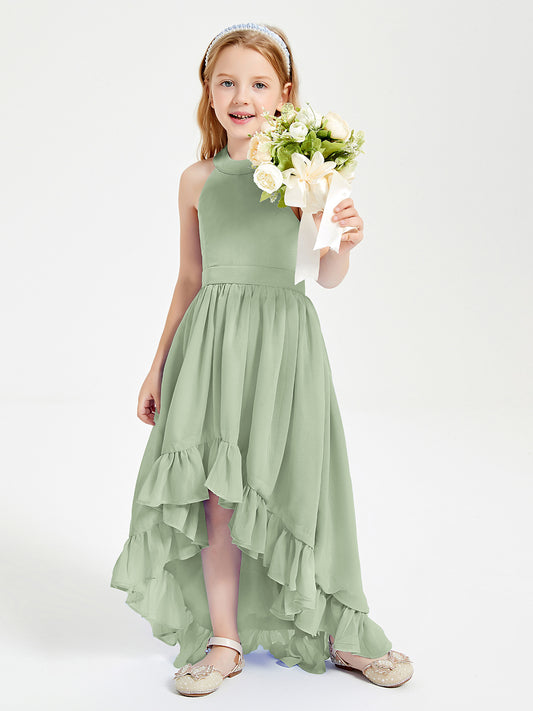 Flutter Sleeves V-neck Asymmetrical Junior Bridesmaid Dresses Sage