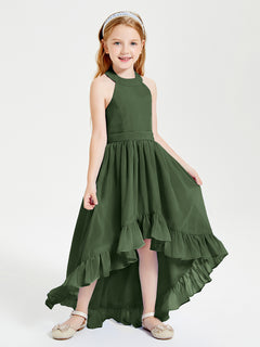 Boho Junior Bridesmaid Dresses Asymmetrical Cascading Skirt Olive Green