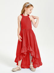 Boho Junior Bridesmaid Dresses Asymmetrical Cascading Skirt Red