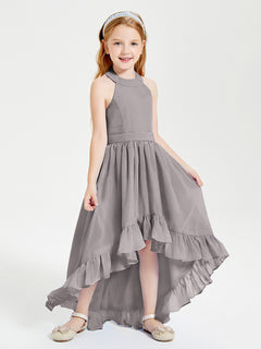 Boho Junior Bridesmaid Dresses Asymmetrical Cascading Skirt Silver