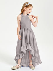 Boho Junior Bridesmaid Dresses Asymmetrical Cascading Skirt Silver
