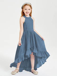 Boho Junior Bridesmaid Dresses Asymmetrical Cascading Skirt Slate Blue