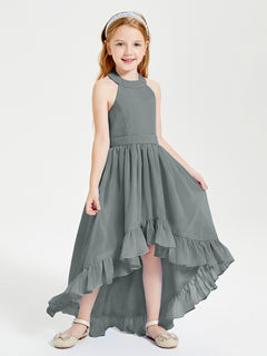 Boho Junior Bridesmaid Dresses Asymmetrical Cascading Skirt Steel Grey