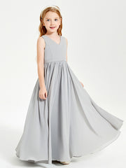 BABARONI Chiffon Silver Junior Bridesmaid Dresses A-line V-neck Sleeveless Pleated Floor-length, Silver / J4