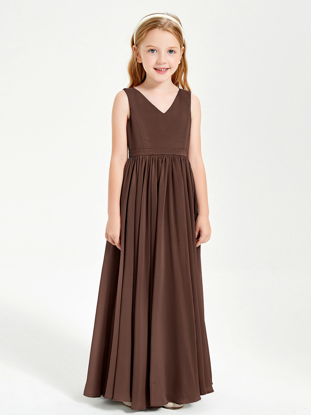 BABARONI Chiffon Chocolate Junior Bridesmaid Dresses A-line V-neck Sleeveless Pleated Floor-length, Chocolate / J4