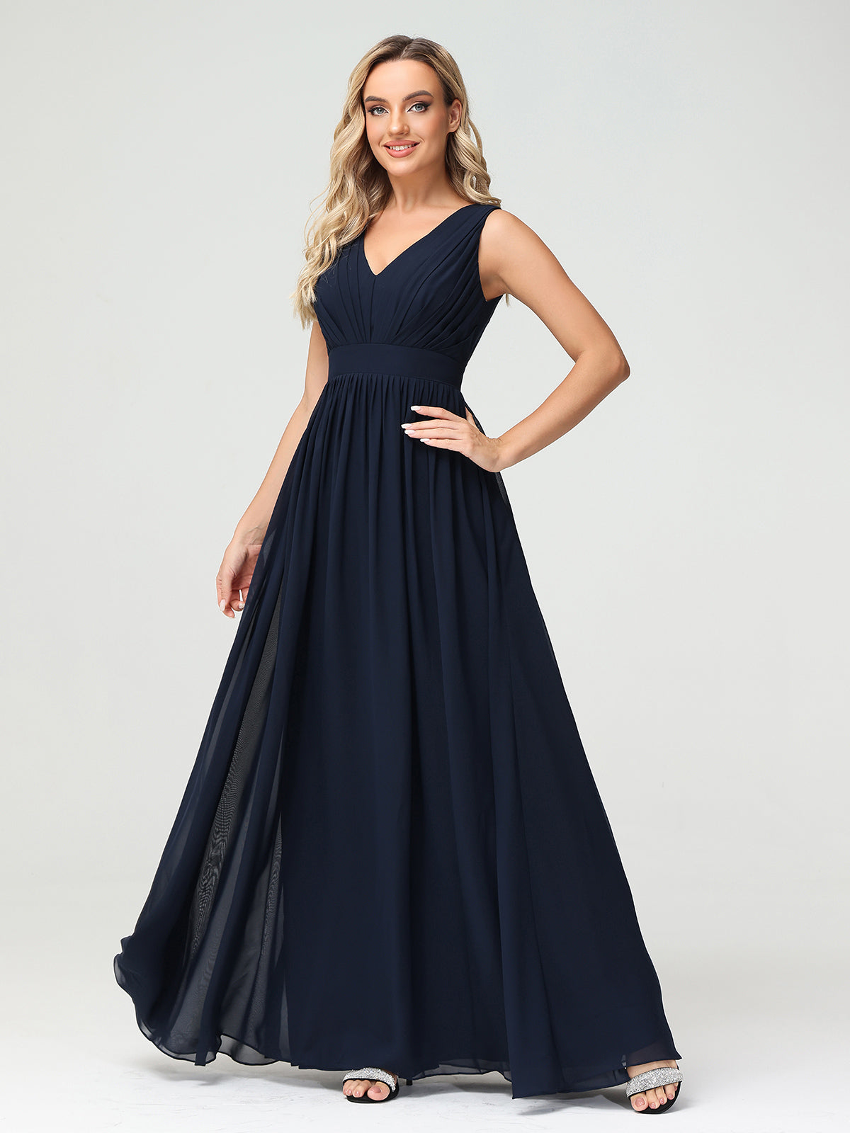 V neck Chiffon Long Dresses with Open Back Dark Navy- Dana | BABARONI