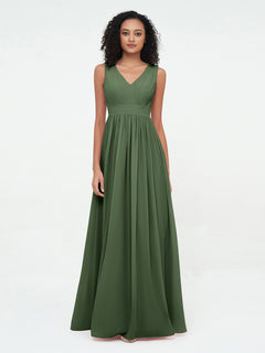 V neck Chiffon Long Dresses with Open Back Olive Green