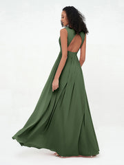 V neck Chiffon Long Dresses with Open Back Olive Green Plus Size