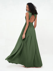 V neck Chiffon Long Dresses with Open Back Olive Green