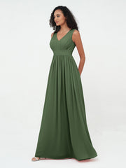 V neck Chiffon Long Dresses with Open Back Olive Green