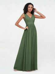 V neck Chiffon Long Dresses with Open Back Olive Green