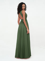 V neck Chiffon Long Dresses with Open Back Olive Green Plus Size