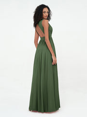 V neck Chiffon Long Dresses with Open Back Olive Green