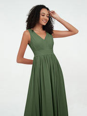 V neck Chiffon Long Dresses with Open Back Olive Green Plus Size