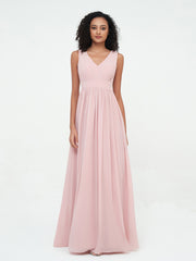 V neck Chiffon Long Dresses with Open Back Dusty Rose