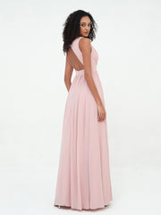 V neck Chiffon Long Dresses with Open Back Dusty Rose