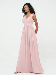 V neck Chiffon Long Dresses with Open Back Dusty Rose
