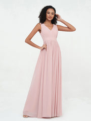 V neck Chiffon Long Dresses with Open Back Dusty Rose