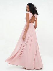 V neck Chiffon Long Dresses with Open Back Dusty Rose