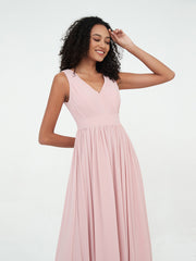 V neck Chiffon Long Dresses with Open Back Dusty Rose
