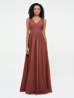 V neck Chiffon Long Dresses with Open Back Terracotta