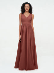 V neck Chiffon Long Dresses with Open Back Terracotta Plus Size