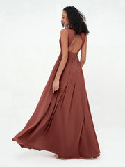 V neck Chiffon Long Dresses with Open Back Terracotta Plus Size