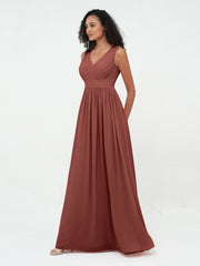 V neck Chiffon Long Dresses with Open Back Terracotta
