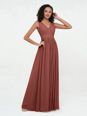 V neck Chiffon Long Dresses with Open Back Terracotta