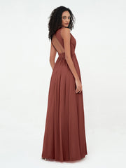 V neck Chiffon Long Dresses with Open Back Terracotta Plus Size