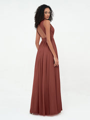 V neck Chiffon Long Dresses with Open Back Terracotta
