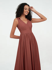 V neck Chiffon Long Dresses with Open Back Terracotta Plus Size