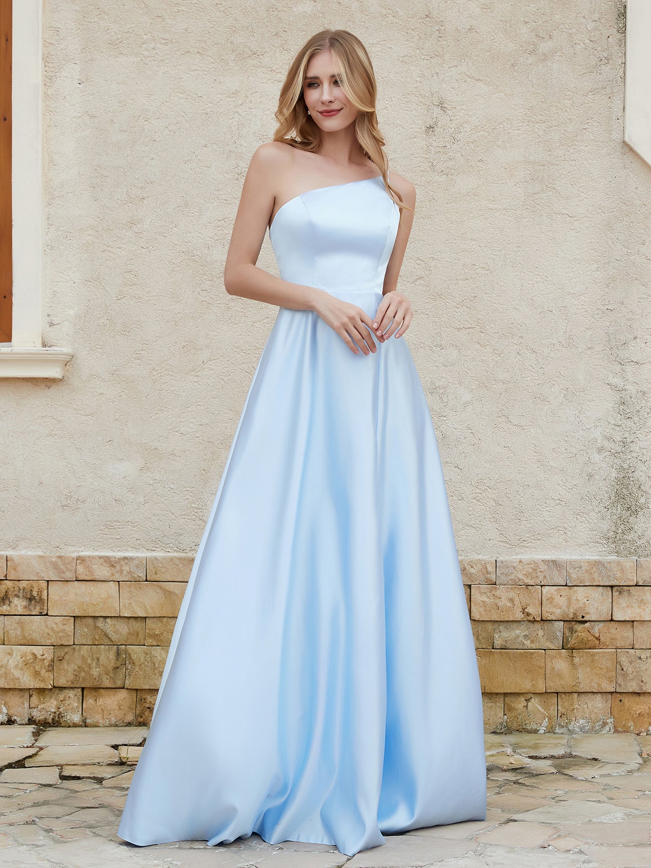 One-Shoulder Beaded Chiffon Long Sleeve Gown Sky Blue main image 1
