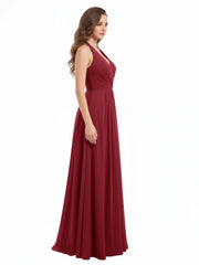 V Neckline Chiffon Dress with Bow Straps Burgundy