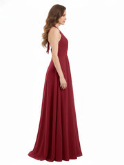 V Neckline Chiffon Dress with Bow Straps Burgundy