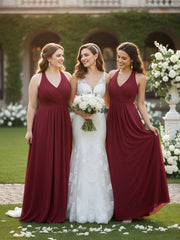 V Neckline Chiffon Dress with Bow Straps Burgundy