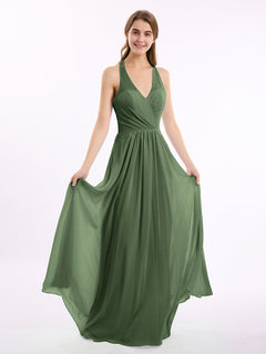 V Neckline Chiffon Dress with Bow Straps Olive Green