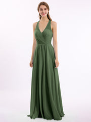 V Neckline Chiffon Dress with Bow Straps Olive Green Plus Size