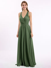 V Neckline Chiffon Dress with Bow Straps Olive Green