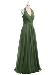 V Neckline Chiffon Dress with Bow Straps Olive Green