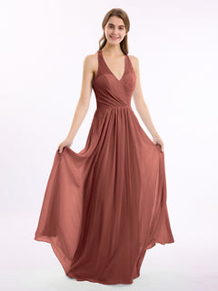 V Neckline Chiffon Dress with Bow Straps Terracotta