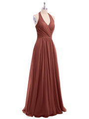 V Neckline Chiffon Dress with Bow Straps Terracotta