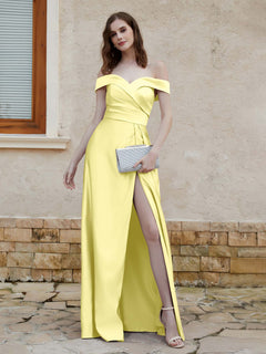 Off the Shoulder Satin Dress With Slit Daffodil