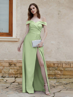 Off the Shoulder Satin Dress With Slit Dusty Sage