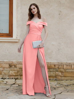 Off the Shoulder Satin Dress With Slit Flamingo