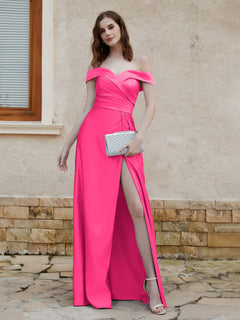 Off the Shoulder Satin Dress With Slit Fuchsia