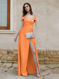 Off the Shoulder Satin Dress With Slit Orange