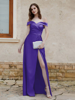 Off the Shoulder Satin Dress With Slit Regency