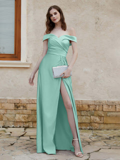 Off the Shoulder Satin Dress With Slit Turquoise